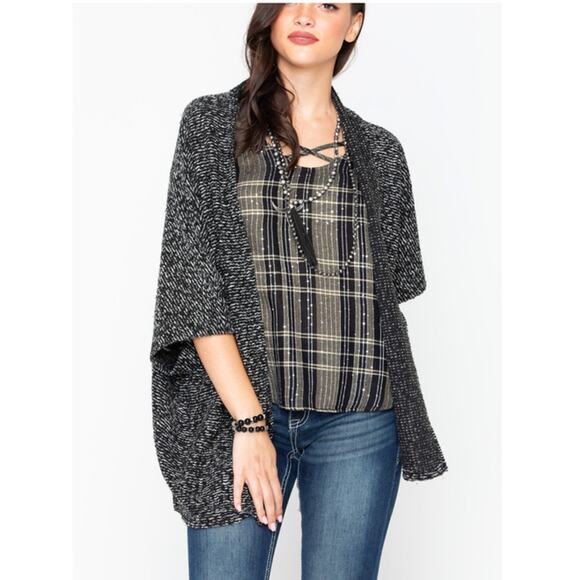 BB Dakota Black White Short 3/4 Sleeve Open Front Longline Boucle Cardigan XS - Picture 1 of 13